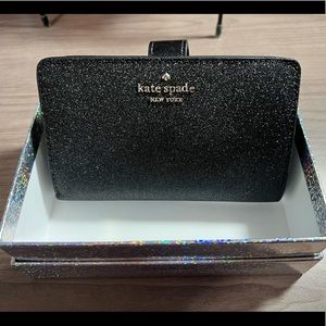 Kate Spade Lola black glitter boxed medium compact wallet & matching card holder